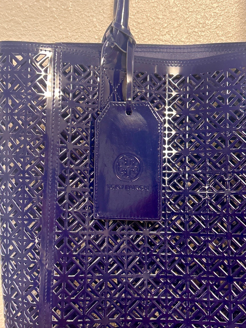 Tory Burch Navy Blue Laser-Cut Tote Bag with Tag ID Tag - Picture 3 of 9